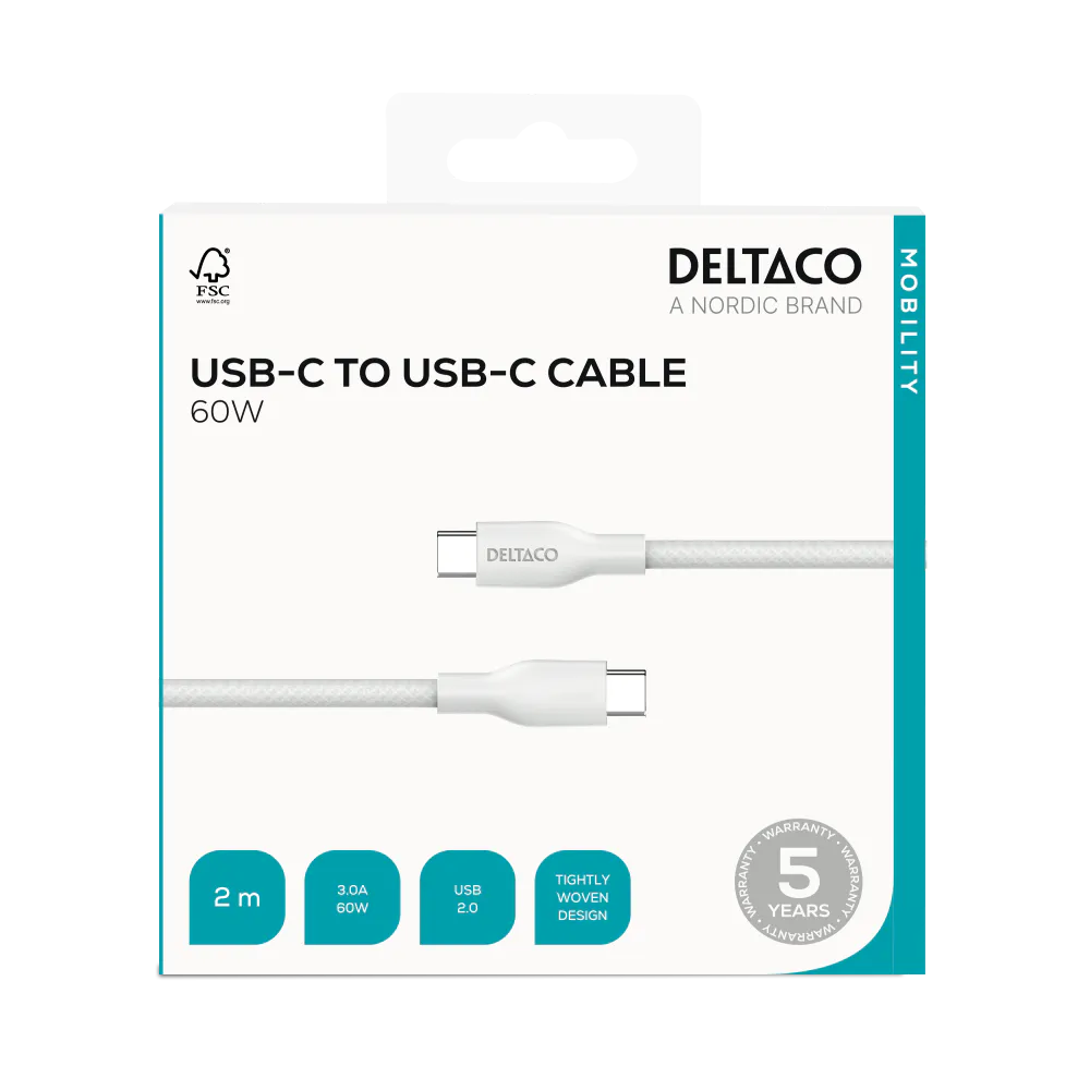 USB-C til USB-C ladekabel, 60 W, 2 m, hvit