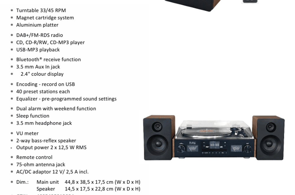 Retro Stereo med Platespiller, CD, DAB+Radio, og Bluetooth - Soundmaster EliteLine PL920