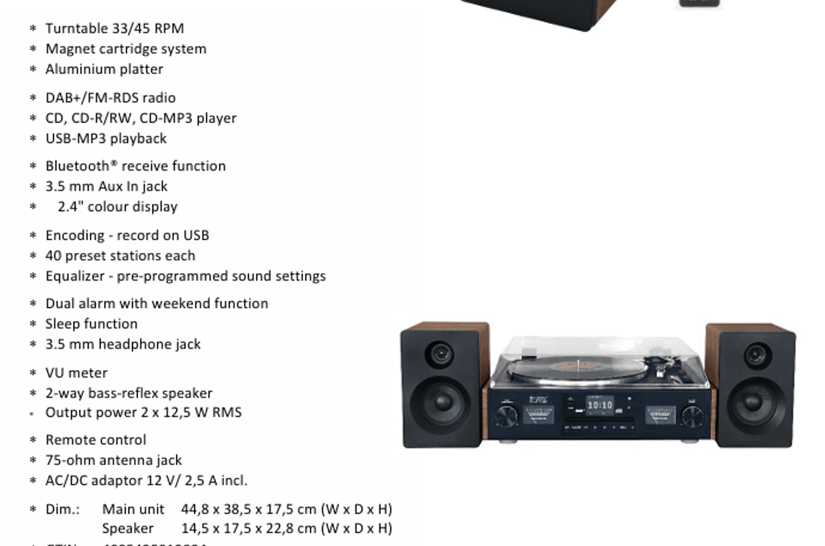 Retro Stereo med Platespiller, CD, DAB+Radio, og Bluetooth - Soundmaster EliteLine PL920